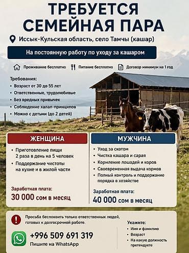 life network system: 📢 ТРЕБУЕТСЯ СЕМЕЙНАЯ ПАРА 📍 Иссык-Кульская область, с. Тамчы (кашар) — 1