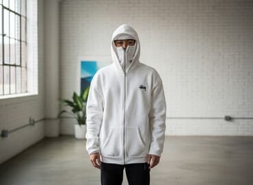 Эркектер кийими: Толстовка с капюшоном, белая, на молнии. Основные особенности: - — 1