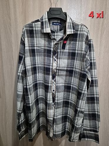 рубашки в клетку: Мужская рубашка, 4XL, Новый, цвет - Серый — 1
