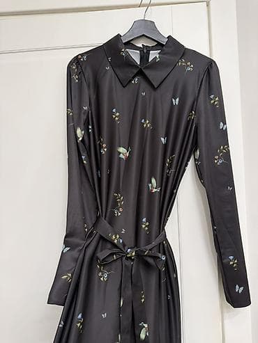 черное удлиненное платье: Повседневное платье, Made in KG, Длинная модель, Атлас, Платье-рубашка, M — 3