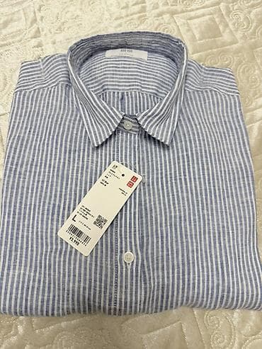 в полоску: Льняная рубашка UNIQLO - Модель: женская рубашка на пуговицах с — 2
