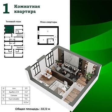 Квартиры: 1 комната, 33 м², 1 этаж — 1