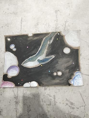 Авторская картина “Космический кит” - Ручная работа, гуашь/акрил по