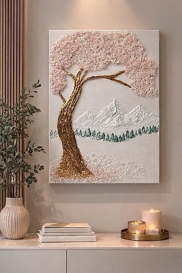 зеркало в ванную бу: Картина настенная “Дерево у гор” с объемной фактурой с натуральными — 1