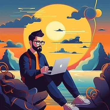 бирюза: Иллюстрация «Фрилансер у заката» — цифровой арт в современном стиле — 1