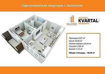 1 комната, 48 м², Городское ГАИ 3 этаж, ПСО (под самоотделку) — 1