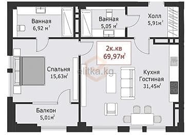 Недвижимость: 2 комнаты, 69 м², Элитка, 9 этаж, Готовая ПСО (под самоотделку) — 6