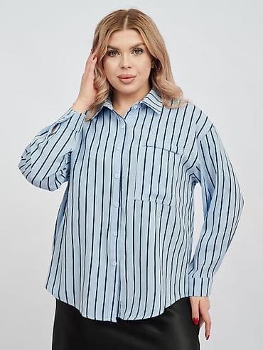женские льняные рубашки: Рубашка, Классическая модель, Оверсайз, В полоску, Китай — 3