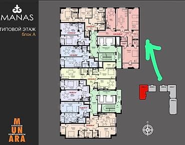 3 комнаты, 133 м², Кок-Жар ж/м Элитка, 9 этаж, ПСО (под самоотделку) — 3
