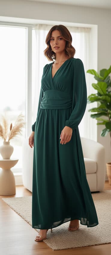 национальные платья на прокат: Длинное женское платье из мягкой струящейся ткани, глубокий — 1