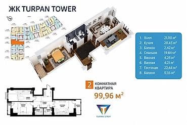 8: 2 комнаты, 99 м², 8 мкр Элитка, 7 этаж, ПСО (под самоотделку) — 1