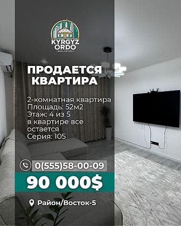 жер там восток 5: 2 комнаты, 52 м², 105 серия, 4 этаж, Дизайнерский ремонт — 1