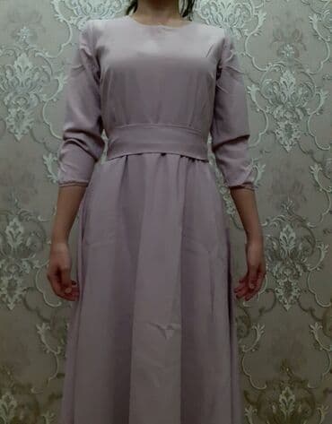 прокат платьев больших размеров: Нежно розово- фиолетовое длинное платье с ремнём на талии Рукава 3/4 — 1