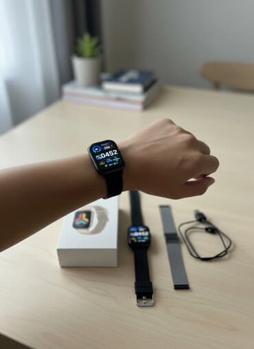 Смарт‑часы с прямоугольным цветным экраном. Комплектация на фото