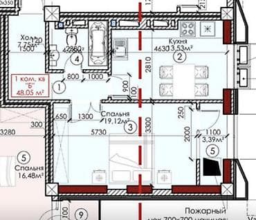 1комнатная квартира 39кв м: 1 комната, 48 м² — 2