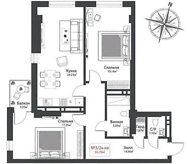 Квартиры: 2 комнаты, 87 м², Элитка, 8 этаж, ПСО (под самоотделку) — 4
