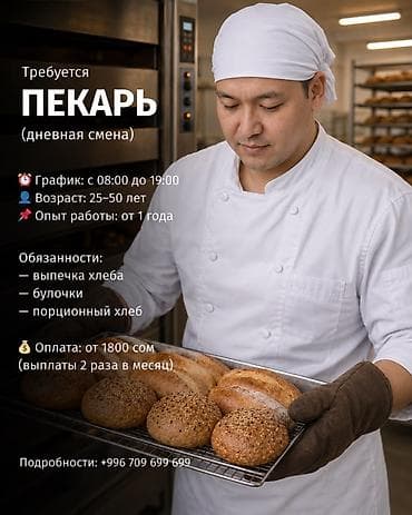 Требуется Пекарь, Оплата: Дважды в месяц, 1-2 года опыта at lalafo.kg Требуется Пекарь, Оплата: Дважды в месяц, 1-2 года опыта