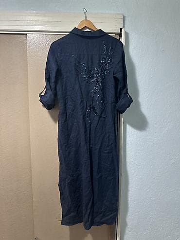 slim patch: Платье-рубашка темно-синего цвета - Длина миди, низ со скругленными — 4