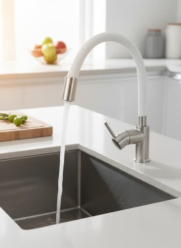 Кухонный смеситель с изливом-гусаком из гибкого белого силикона и