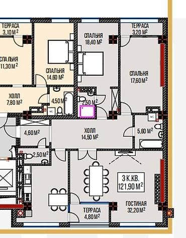 дваинои агент: 3 комнаты, 122 м², Элитка, 3 этаж, Готовая ПСО (под самоотделку) — 3