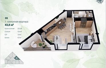 4 комнотная квартира: 2 комнаты, 43 м², Индивидуалка, 3 этаж, Дизайнерский ремонт — 8