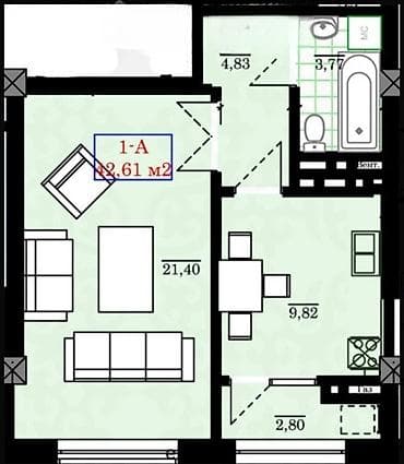 Квартиры: 1 комната, 43 м², Элитка, 12 этаж, Готовая ПСО (под самоотделку) — 2