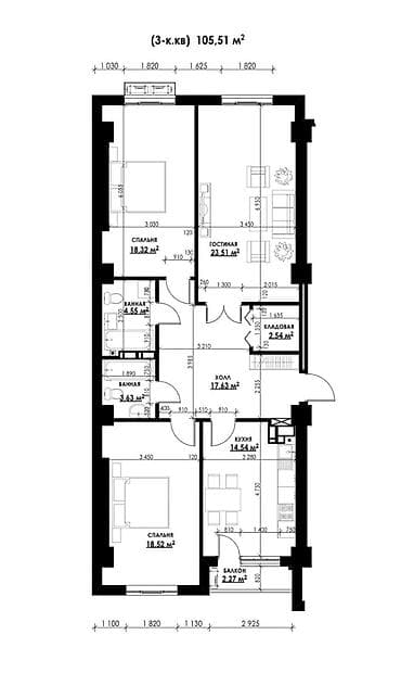 3 комнаты, 106 м², Элитка, 2 этаж, Готовая ПСО (под самоотделку)