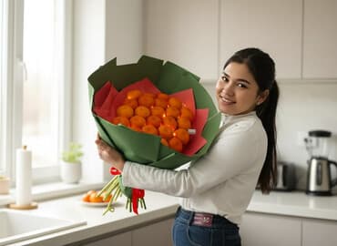 что можно подарить мужу на день рождения: Букет из мандаринов с огоньками - Состав: свежие мандарины, аккуратно — 1