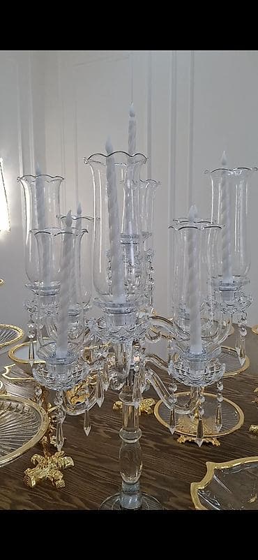 Канделябр из прозрачного стекла на 9 рожков с подвесками и свечами -