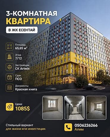 3 комнаты, 65 м², Технопарк Элитка, 7 этаж, ПСО (под самоотделку)