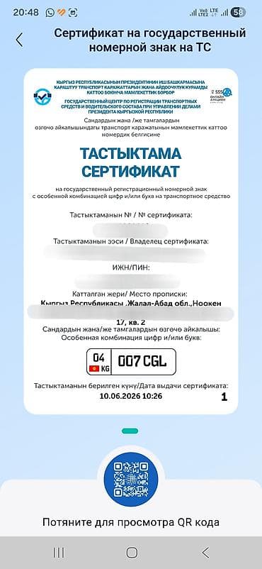 Сертификат на государственный регистрационный номерной знак для ТС — 1