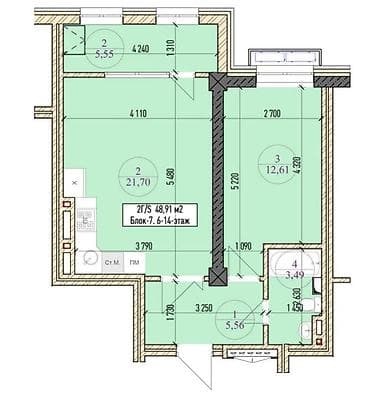48: 1 комната, 49 м², Элитка, 13 этаж, Готовая ПСО (под самоотделку) — 2