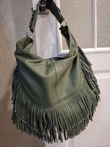 вязанный шарф: Сумка-хобо из натуральной кожи с бахромой - Цвет: оливково-зелёный - — 2