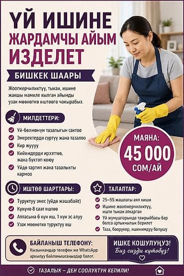 rival work kg: Требуется Домработница, График: Шестидневка, Полный рабочий день, Оплата: Ежемесячно — 1