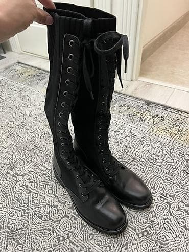 сапоги женские: Высокие женские ботинки/сапоги на шнуровке, черные. - Дизайн: высокая — 3