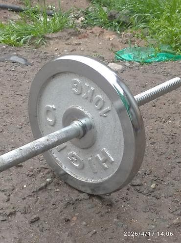 Гриф с дисками для штанги - Прямой металлический гриф с насечкой для