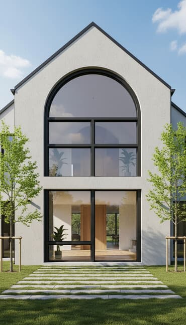 Металлопластиковая оконная рама арочной формы, выполненная в черном