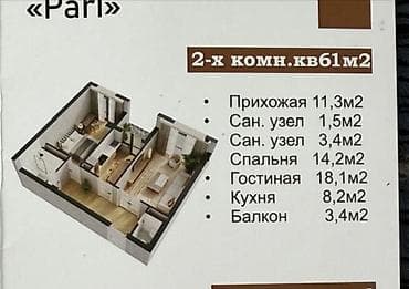 продом дом: 2 комнаты, 61 м², Элитка, 4 этаж, Готовая ПСО (под самоотделку) — 1