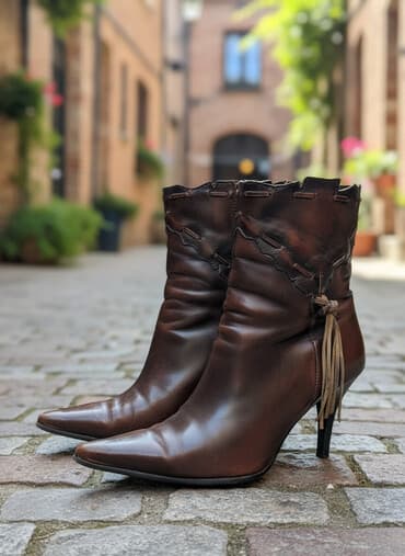 Угги: (натур.кожа).Женские ботильоны на каблуке б/у р-р 39-40 - Материал — 1