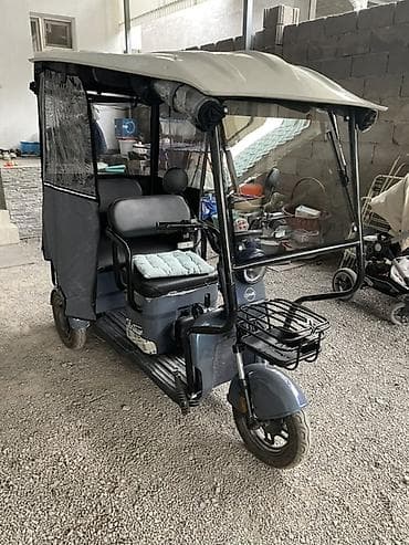 Электрический трёхколёсный рикша-самокат с крышей и полным обвесом для