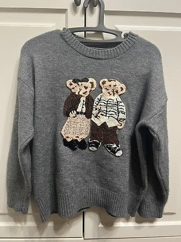 Кофты, свитеры: Свитер с аппликацией «медвежья пара» - Цвет: серый размер M-L носила — 1