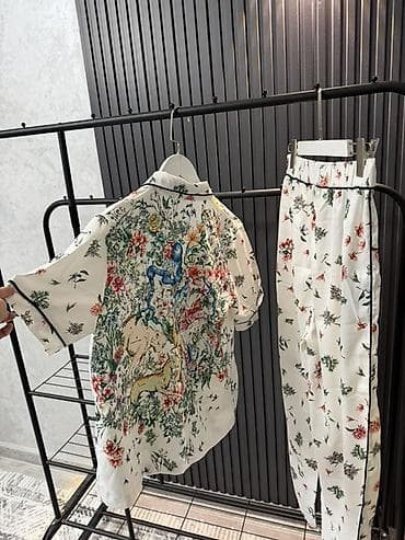 Аксессуарлар: Женский комплект с принтом флора и фауна + кардиган 1) Пижамный — 1