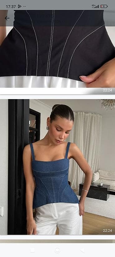 Джинсовый корсет-топ с широкими бретелями - Силуэт с акцентом на