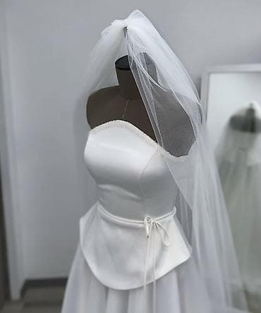 эйфелевая башня: Свадебное платье, M, С фатой, Атлас, А-силуэт, Кыргызстан, Стразы, Б/у — 2