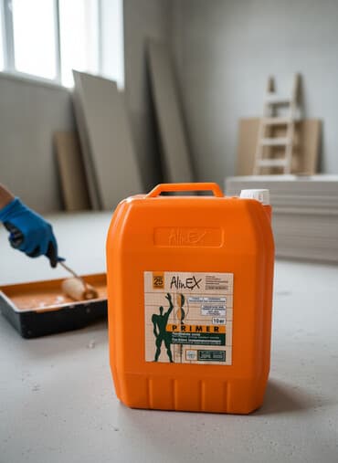 Грунтовка AlinEX в оранжевой пластиковой канистре с ручкой. Подходит