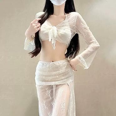 женский шым: Ажурный купальник из кружева в молочном оттенке: укороченный топ и — 2