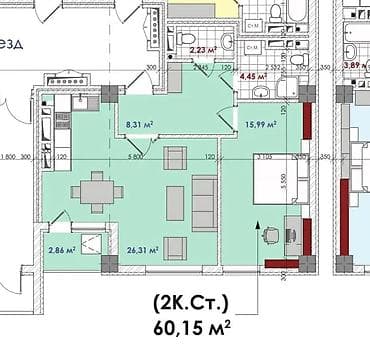жк южный ихлас: 2 комнаты, 61 м², Элитка, 14 этаж, Готовая ПСО (под самоотделку) — 5