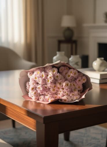 корзины из фруктов: Пышный букет из розовых кустовых хризантем с желтой сердцевиной. Цветы — 1