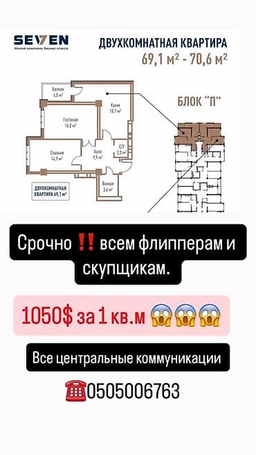 Недвижимость: 2 комнаты, 69 м², Технопарк Элитка, 12 этаж, ПСО (под самоотделку) — 1