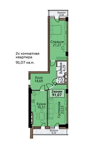 мира магистраль: 2 комнаты, 91 м², Южная Магистраль Элитка, 14 этаж, ПСО (под самоотделку) — 1